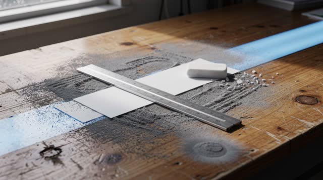 Medium oblique crop of a small ferry-terminal sign-printing room after rain; one blank brushed-aluminum registration gau