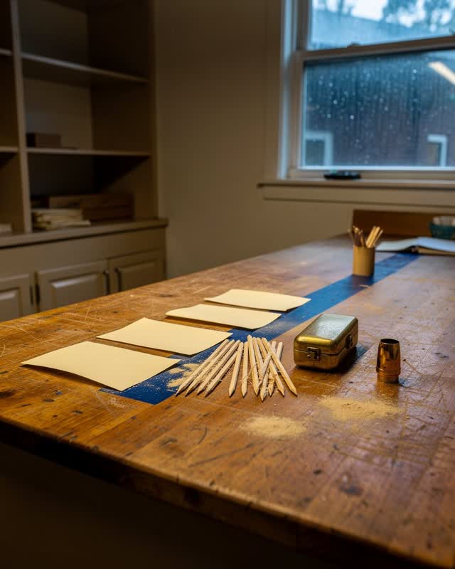 Medium-wide breathable crop of a compact community-center prep room after rain; event signage, seedling labels, and inst