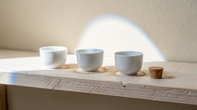 Airy vertical crop of a public drinking-fountain service shelf after rain; three blank white porcelain test cups sit low