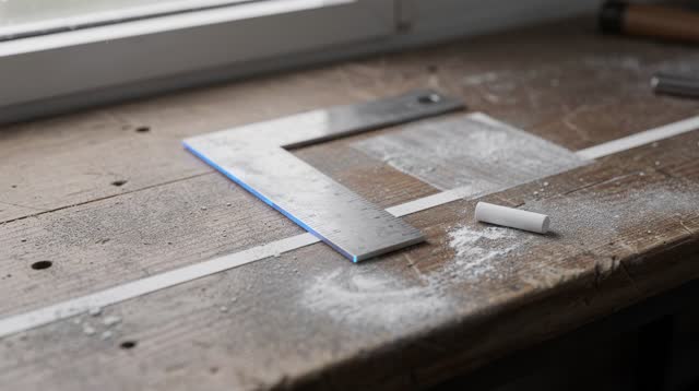 Medium oblique crop of a small tool-library intake bench after rain; one blank matte-steel carpenter’s square rests besi