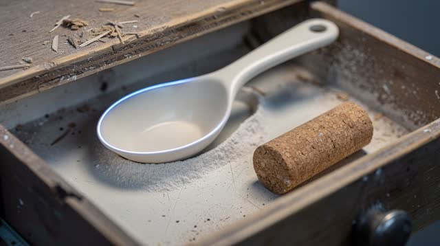 Tight oblique crop inside a public pool reagent drawer after rain; one blank matte off-white ceramic reagent spoon rests