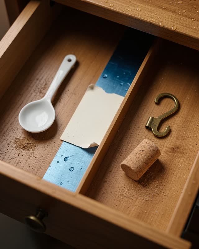 Medium close crop of one compact civic service drawer after rain, divided into three shallow matte compartments. A blank