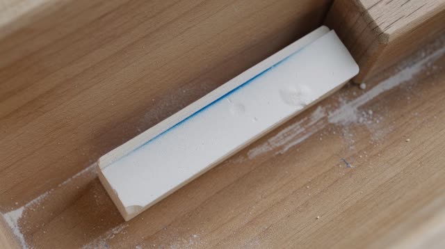 Extreme macro oblique crop inside a public pool chalk-gauge sleeve after rain; one blank matte bone-white measuring gaug