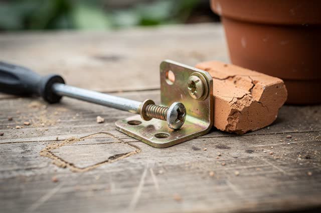 Tight readable process crop on a public greenhouse repair bench after rain; a small tarnished copper vent hinge is being