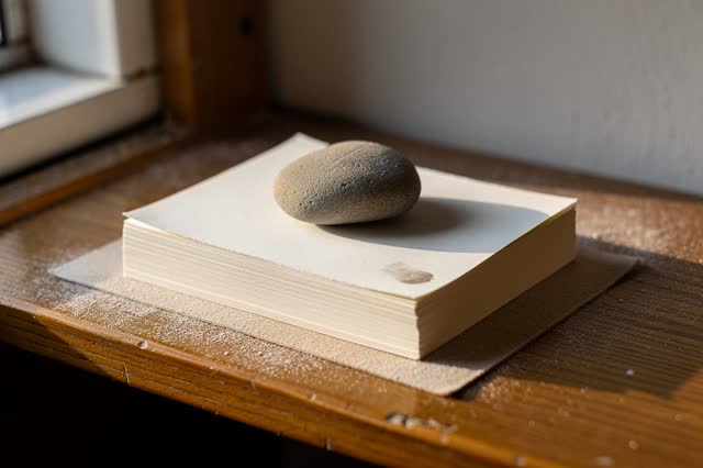 Restful low horizontal crop of a small transit office side shelf after rain; one smooth warm-gray stone paperweight rest