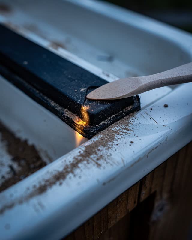 Tight asymmetric macro crop of an early blue-hour park drinking-fountain maintenance drawer after rain; one matte black