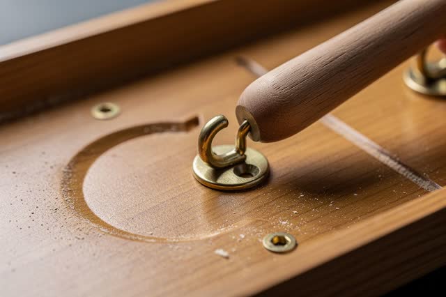 Tight readable process crop inside a civic key-cabinet repair tray after rain; one dull brass key hook is being gently s