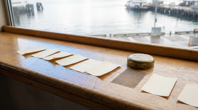 Airy horizontal crop of an empty ferry waiting shelf after rain; several blank cream ticket slips rest on a dry worn woo