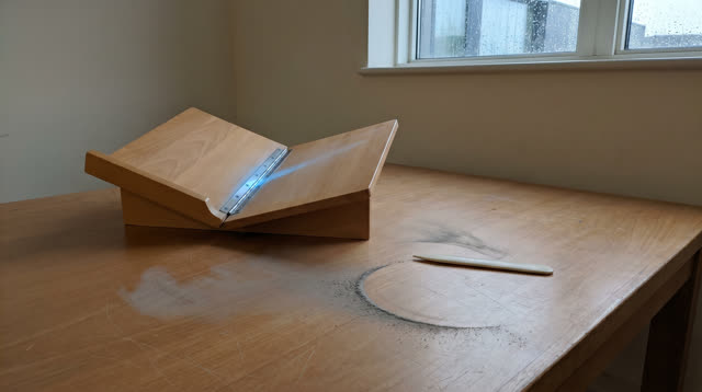 Medium oblique crop of a public library conservation table after rain; one blank warm-beech wooden book cradle sits slig