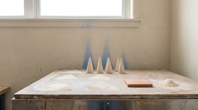Airy vertical crop of an empty public kiln room after rain; several blank off-white ceramic kiln cones sit low on a dry