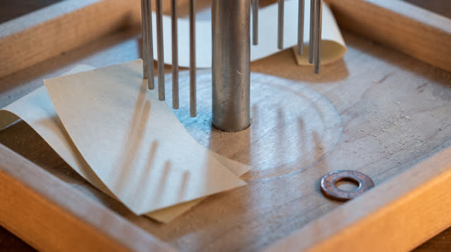 Airy macro crop of a repair-ticket spindle tray after rain; blank cream repair slips with no printing curl slightly on a