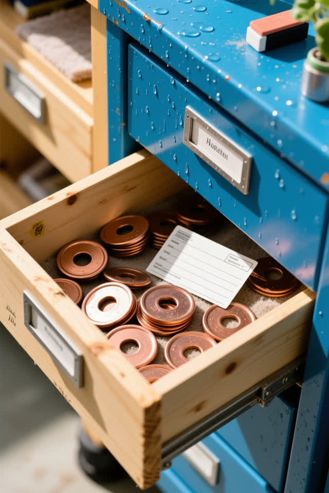 Clean overhead close crop of a public hardware loan drawer after rain; several blank dull copper washers have politely g