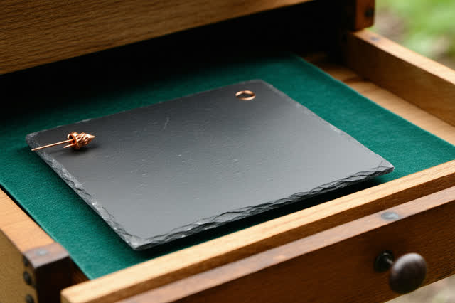 Tight readable process crop inside a museum mount-making drawer after rain; one blank charcoal slate specimen tag is bei