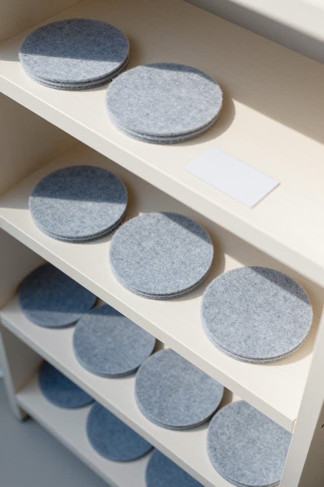 Clean overhead close crop of a public furniture-care cabinet shelf after rain; several blank round gray felt furniture p