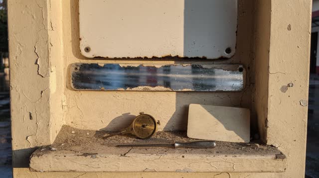 Medium-close vertical crop inside a small public clock-service wall niche after rain; one aged brass clock hand gauge re