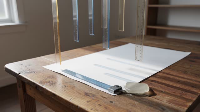 Airy oblique room-scale view inside a civic canal-measure room after rain; several transparent glass rulers hang lightly