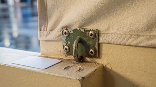 Medium-close horizontal crop inside a covered market awning-edge service alcove after rain; one chipped faded-green pain