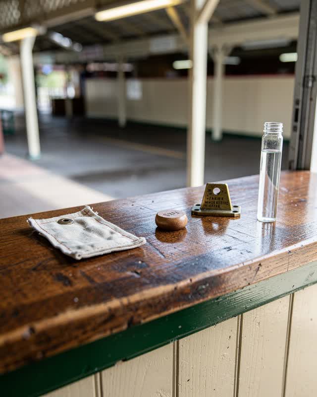 Medium-wide view of an airy covered market wayfinding counter beside a public entrance after rain; a blank canvas awning