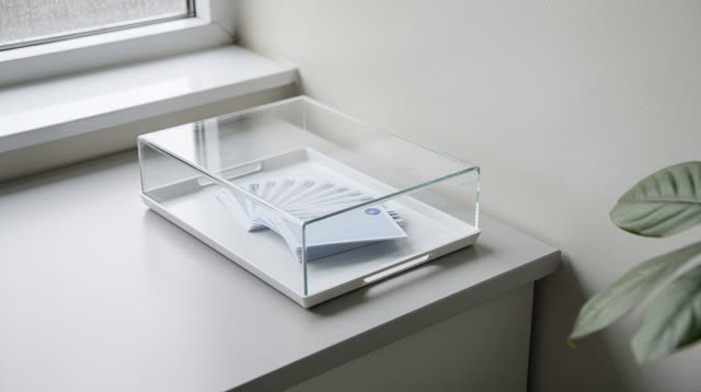 Airy oblique view of a public clinic waiting-room corner after rain; blank translucent appointment cards with no writing