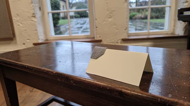 Medium-wide crop inside a community music room after rain; one blank cream practice card with no writing rests on a worn