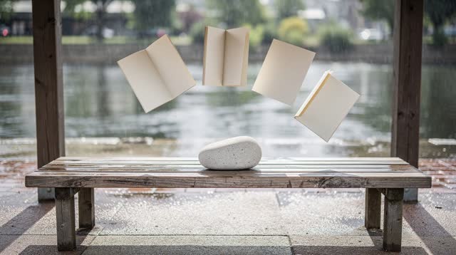 Airy medium-wide view of a covered riverfront reading shelter after rain; the bench and floor beneath the roof are dry,