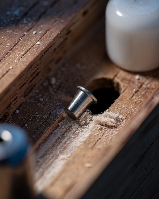 Tight asymmetric extreme macro crop inside a civic latch-pin parts recess after rain; one dull nickel alignment pin is j