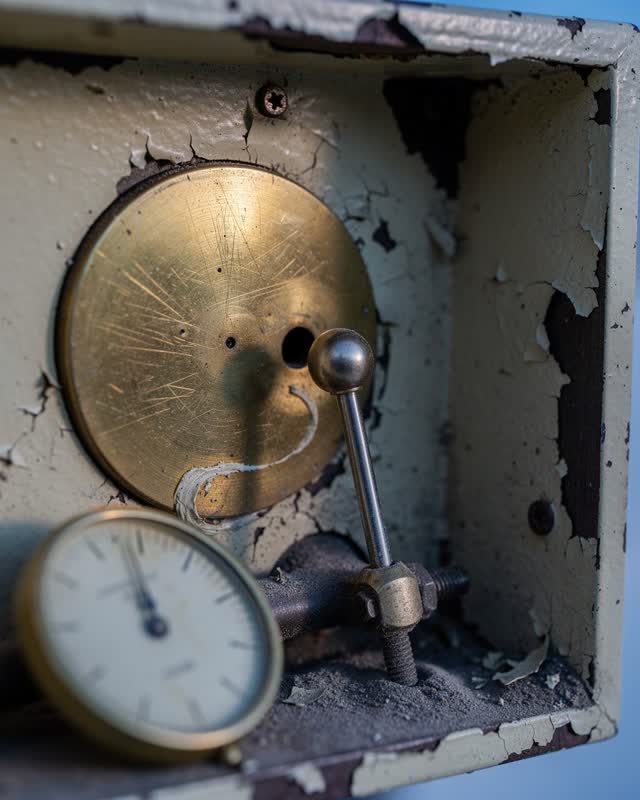 Tight asymmetric crop inside an old public clock-service wall niche at early blue hour; one tiny dull-nickel retaining p