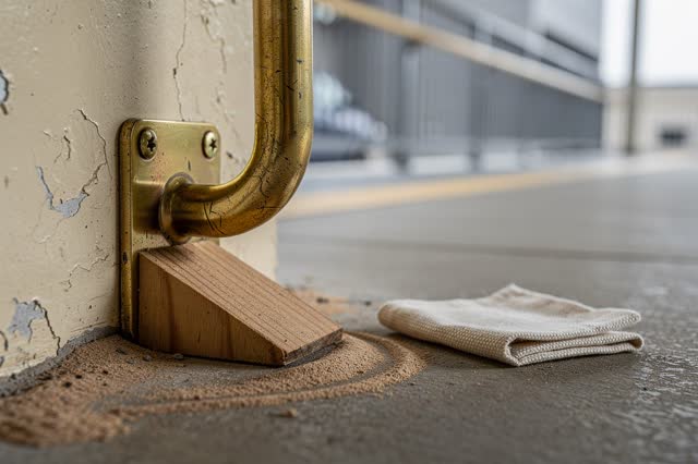 Readable handrail-height process crop under a covered public ramp entrance after rain; one scuffed brass handrail bracke