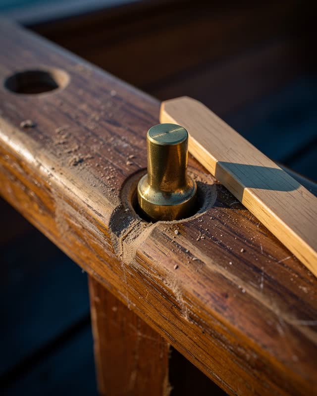 Tight asymmetric crop of a dry boathouse oar rack at early blue hour after rain; one dull brass oar-retaining peg has st