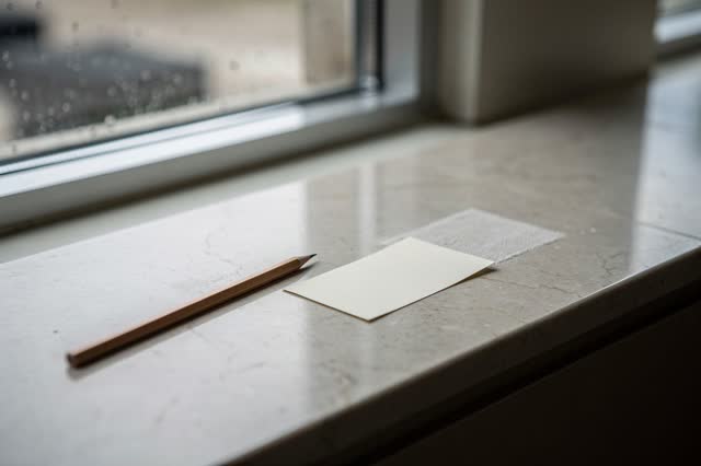 Restful low horizontal crop on a civic archive counter near a tall window after rain; one unsharpened blank wooden penci