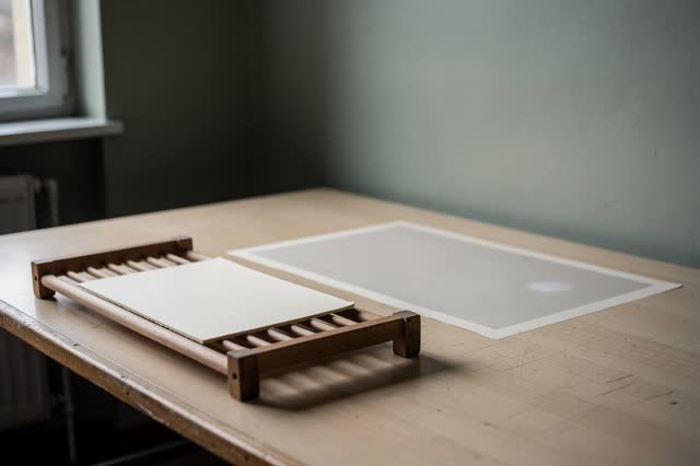 Low horizontal restful crop inside a municipal print room after rain; one blank cream sheet with no writing rests alone