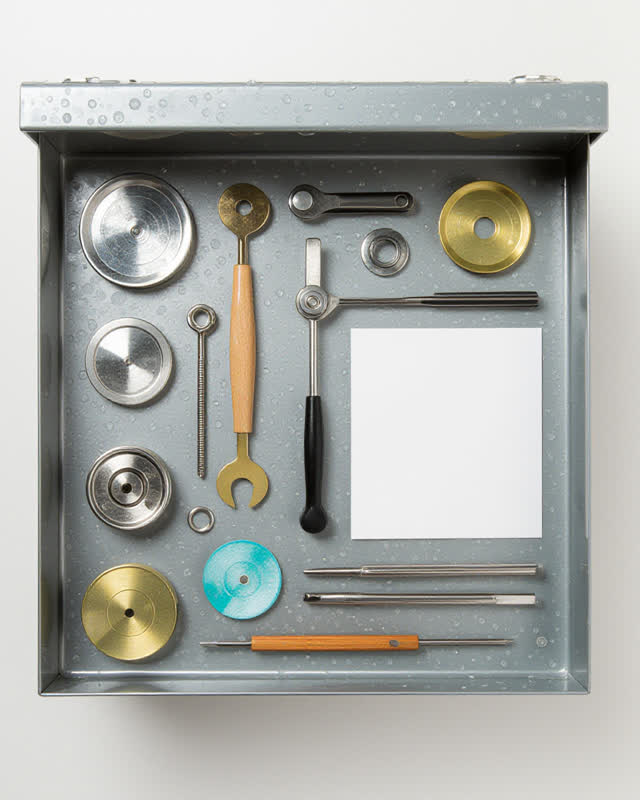 Medium-close view of one compact civic service shelf after rain, used for library window, ferry waiting-room, and greenh