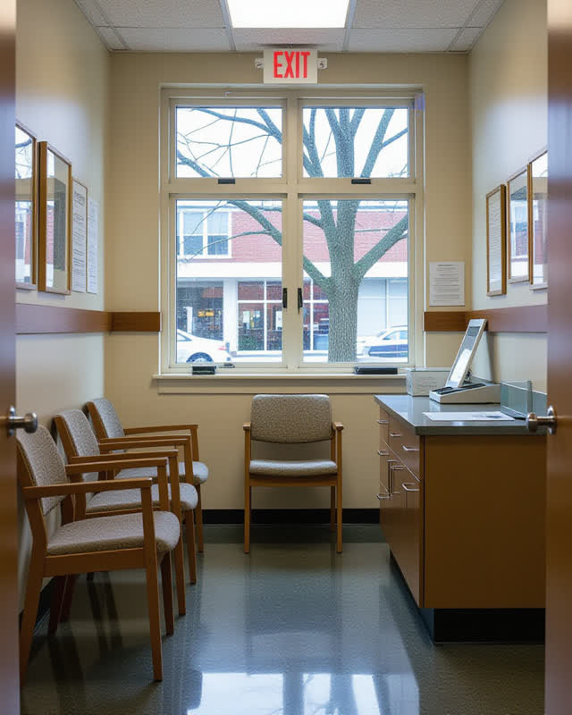 Medium-wide view of a small public clinic-archive waiting room after rain; plain wooden waiting chairs, a pale stone arc