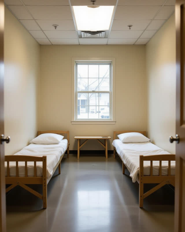 Medium-wide view of a neighborhood emergency-warming room after rain, prepared but empty; folded canvas cots line one si