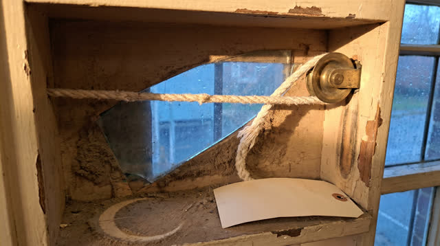 Medium-close vertical crop inside an opened branch-library window-weight service pocket after rain; one off-white cotton