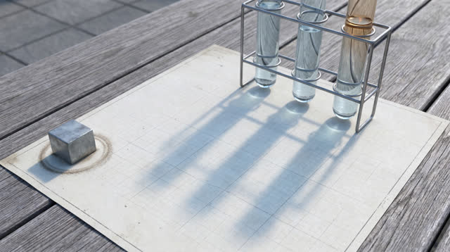 Airy oblique view of a municipal rain-measure table after rain; three clear glass measuring tubes stand in a simple hold