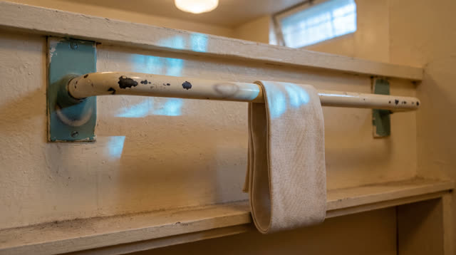Medium-close horizontal crop inside a public bathhouse towel-return alcove after rain; one chipped off-white enamel towe