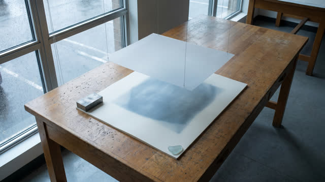 Airy room-scale oblique crop inside a civic map-copy room after rain; one blank translucent map sheet hovers just above