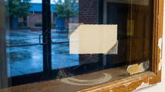Medium-wide vertical crop of a school hallway display case after rain; inside the dry case, one blank cream card with no