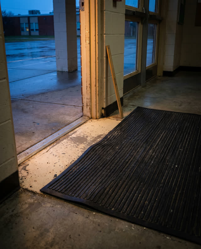 Low asymmetric crop inside a covered school entrance vestibule at early blue hour after rain; one black rubber entry mat