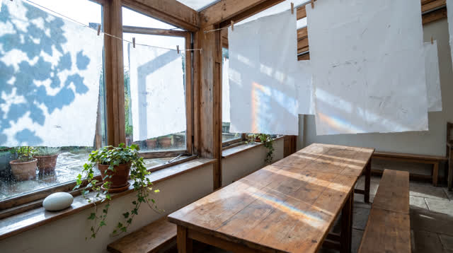 Airy room-scale oblique view inside a covered garden classroom after rain; blank translucent lesson sheets with no writi