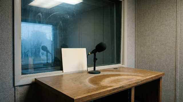 Medium-wide crop inside a small public radio booth in a community center after rain; one blank cream cue card with no wr