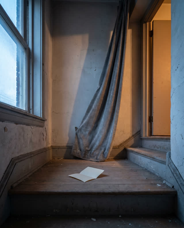 Low wide asymmetric crop in a community rehearsal stairwell after rain, between stage rooms and a public corridor; a hea