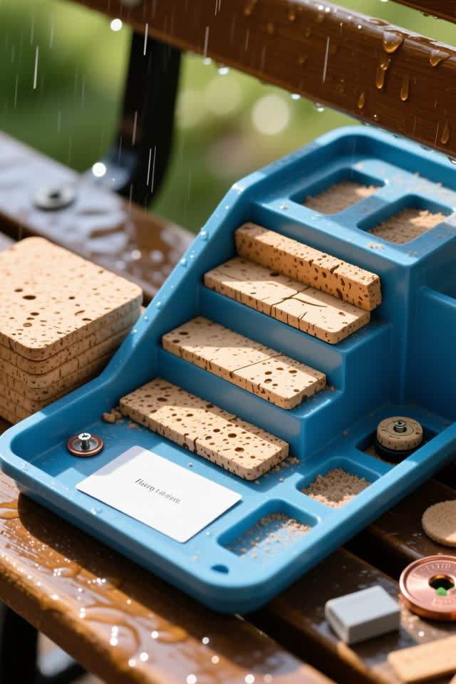 Clean overhead extreme macro crop inside a public bench-leveling shim tray after rain; several plain cork shims have sli