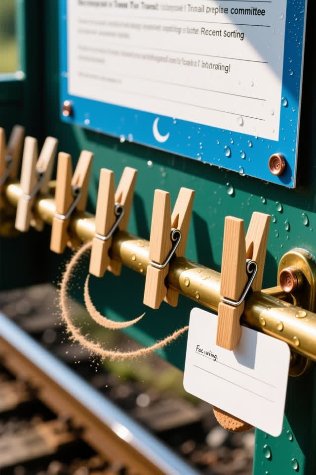 Clean overhead-medium crop of a bright transit notice-prep rail after rain; several blank wooden route clips on a brass