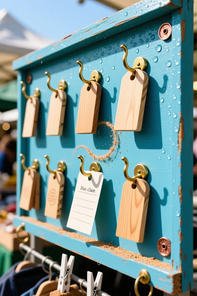 Clean overhead-medium crop of a bright public market parcel-claim hook board after rain; several blank wooden claim toke