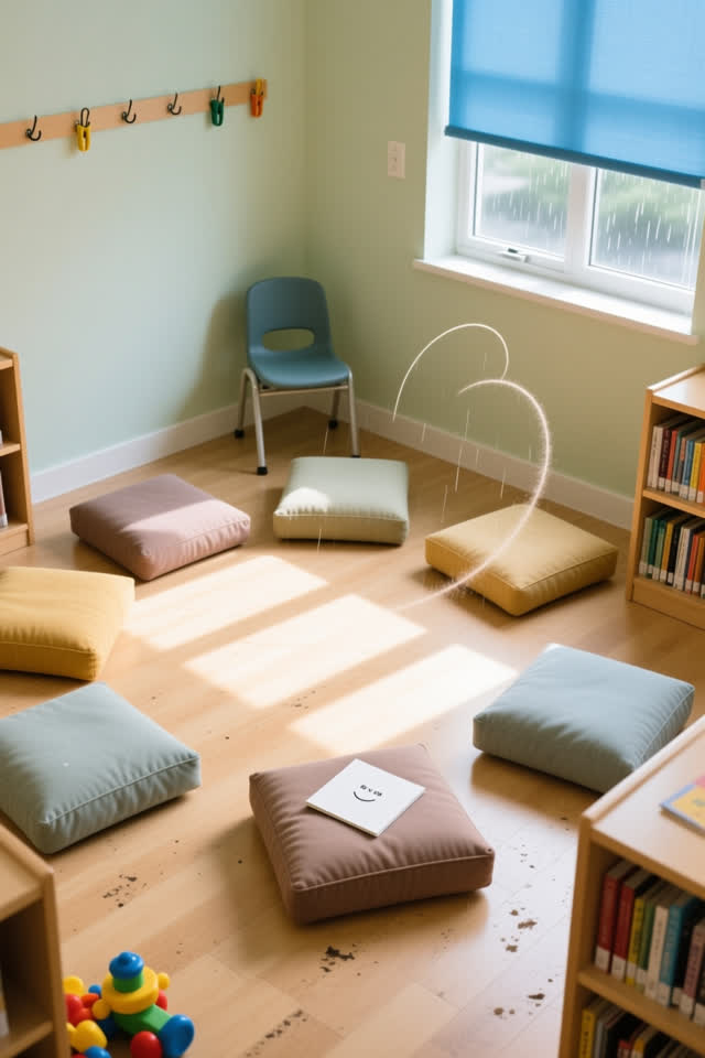 Medium-wide overhead-oblique crop of a bright library children’s corner after rain; several plain floor cushions in mute