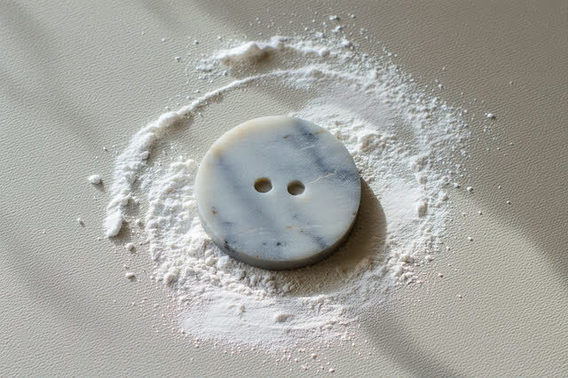 Restful low horizontal extreme macro crop inside a civic coat-room button cup after rain; one plain soft-gray soapstone