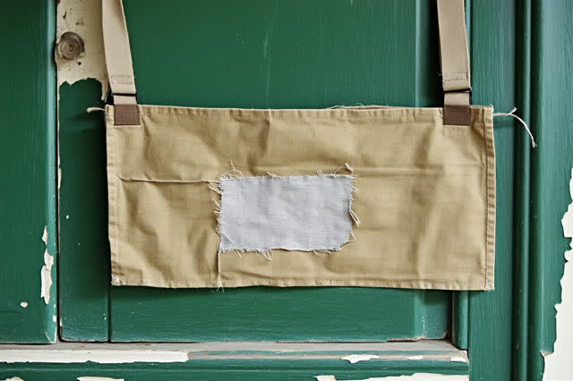 Readable medium-close process crop on a public garden tool shed workbench after rain; a worn beige canvas tool apron is