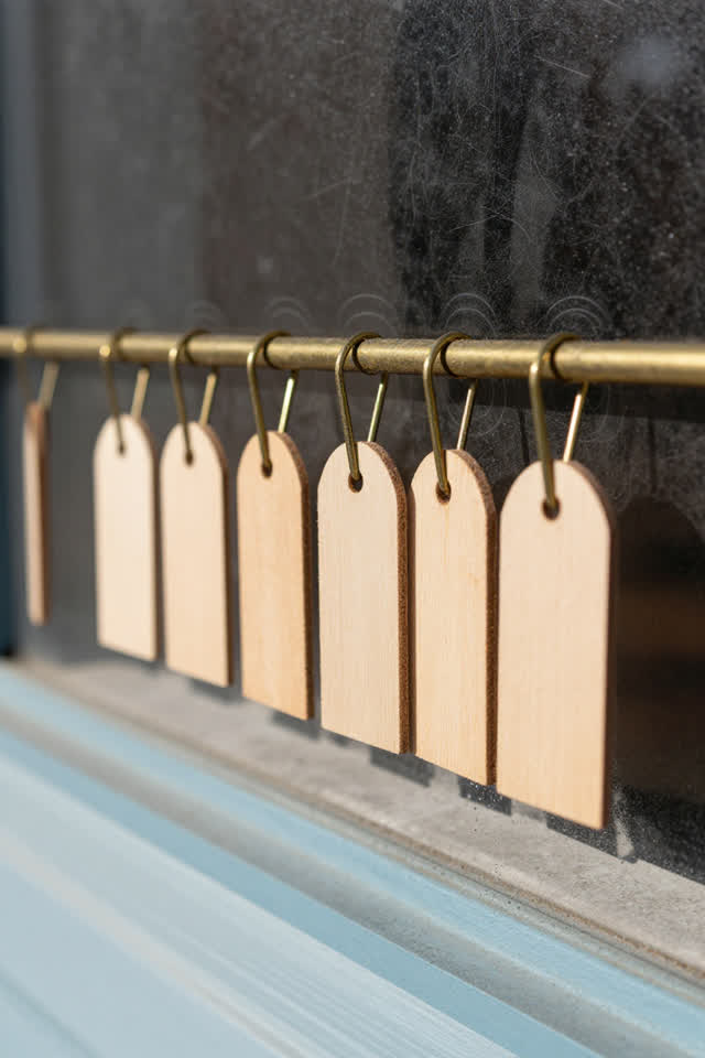 Clean overhead-medium crop of a municipal coat-check tag rail near a service window after rain; several blank oval woode